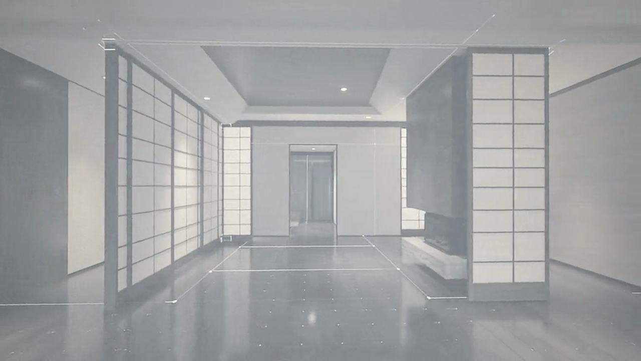 静かな和の室内。床と壁に沿って細い解析線が走る。